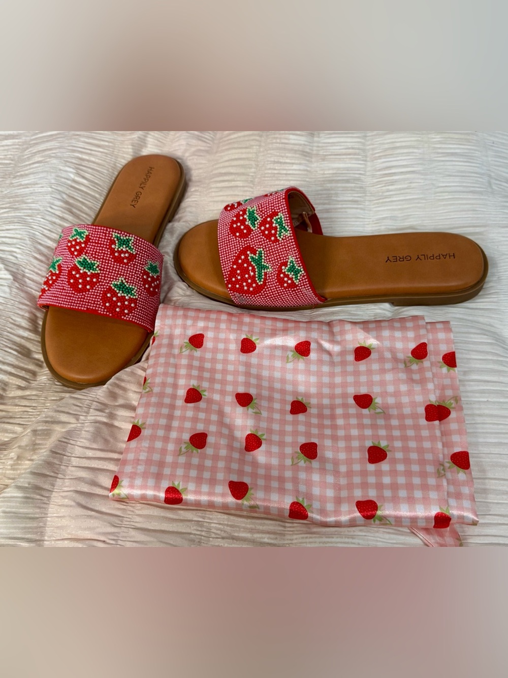 Happily Grey Ladies Red Strawberry Beaded Slide Sandals and Matching Scarf